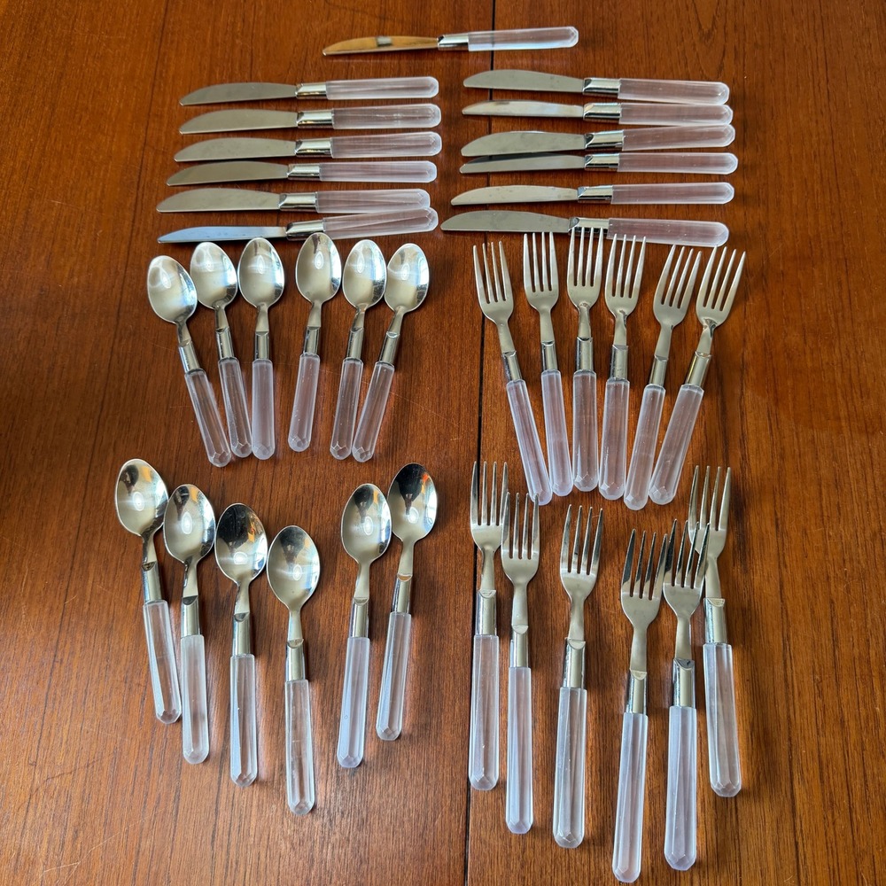 Vintage 18/10 Stainless Flatware Set 37pc Frosted Acrylic Faceted Handle MCM